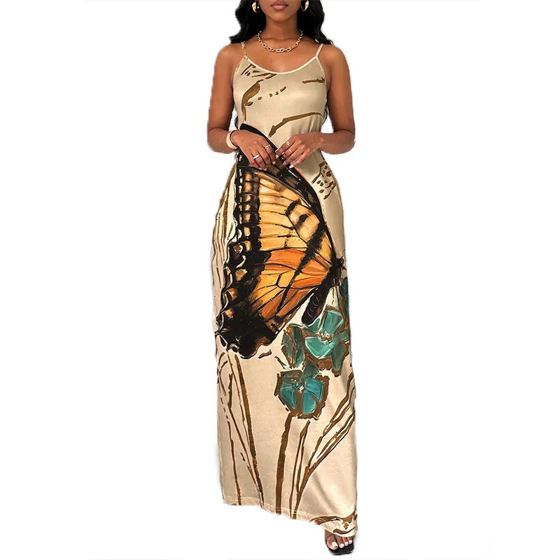 Khaki strapless dress with butterfly print, mid-rise waist, mid-length skirt, sleeveless, milk silk fabric