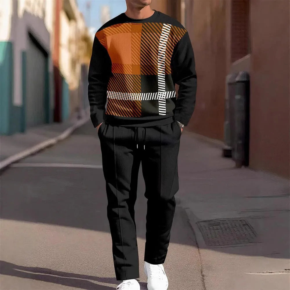 Fashion men's casual sporty round neck sweatshirt and pants two-piece set with printed letters, polyester fabric, long sleeves, street trendsetter style
