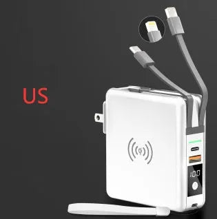Black PD20W power bank with wireless charging and flip-out UK US EU AU plug adapters