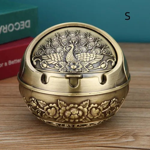 Alloy ashtray with smoke extinguishing slot in bronze finish featuring decorative dragon and phoenix design