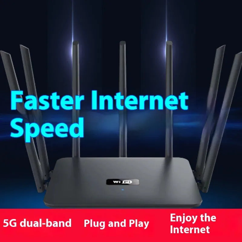 Black or white dual-band 5G Gigabit router with multiple antennas for through-wall Wi-Fi coverage.