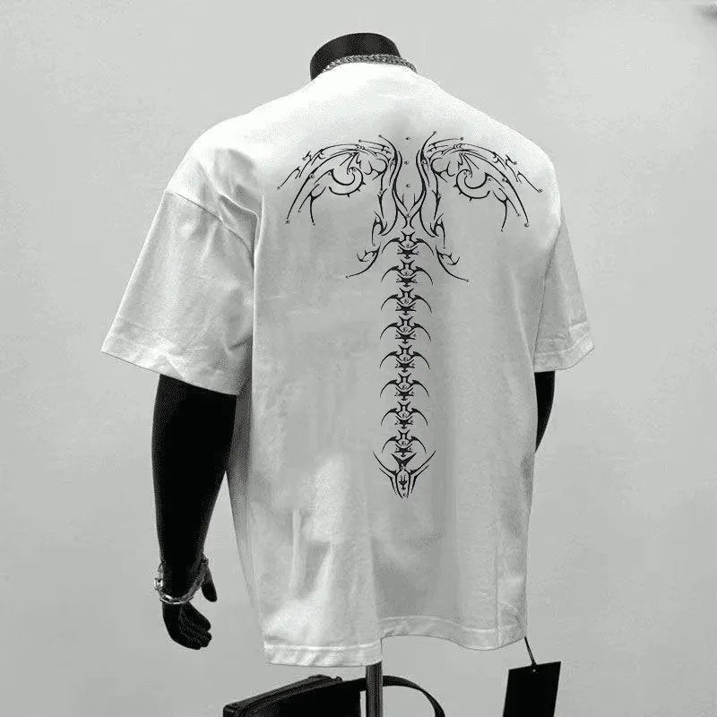 Men's black loose fit pure cotton short sleeve t-shirt with a print, laid flat.