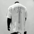 Men's black loose fit pure cotton short sleeve t-shirt with a print, laid flat.