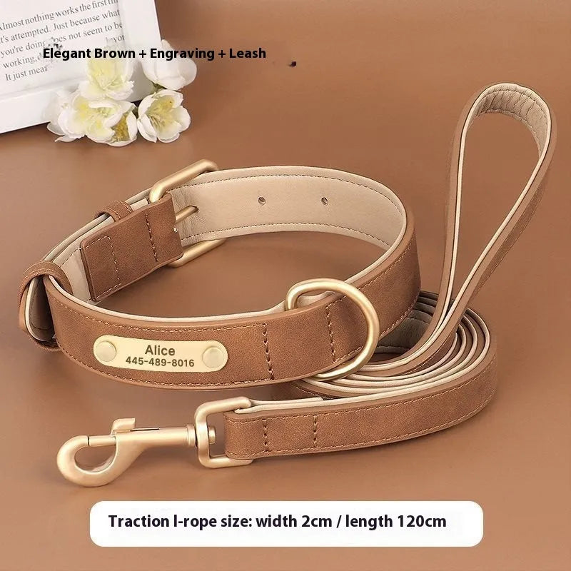 Double-layer leather dog collar and matching lead in rose red, showing adjustable buckle and size options.