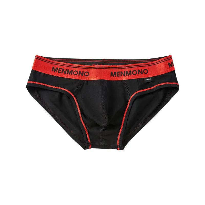 Men's low waist cotton briefs in a selection of solid colours including black and blue, white and red.