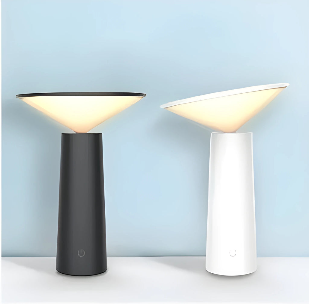 Black USB touch sensor reading lamp with tilted head on a wooden desk