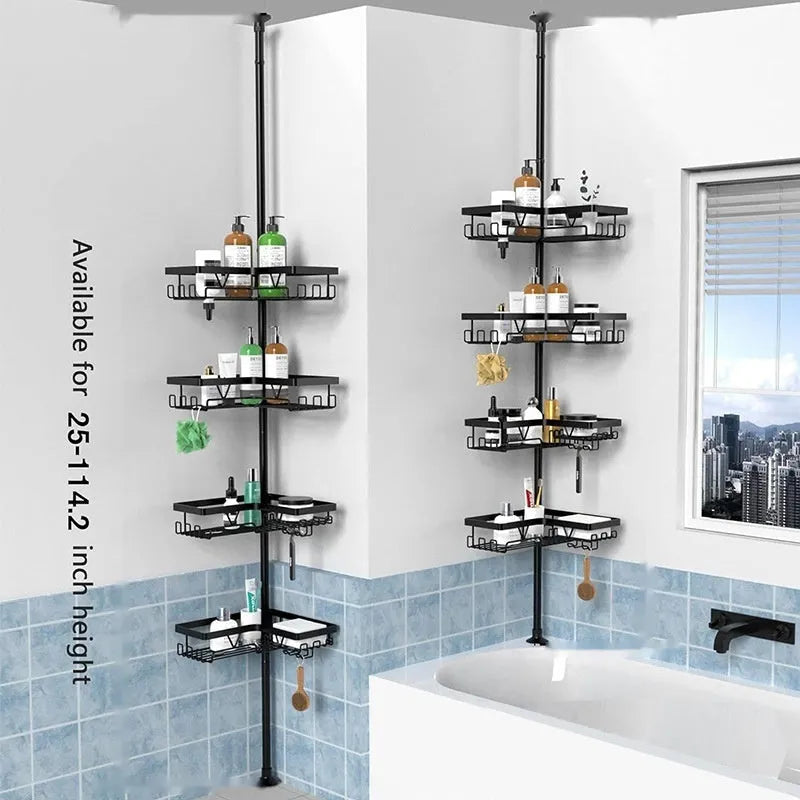 Retractable bathroom storage rack with four tiers and stainless steel construction