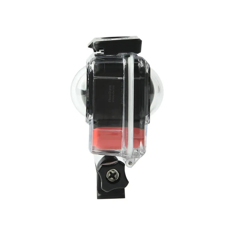 Transparent Insta360 One RS waterproof case measuring 9cm by 8cm by 4.5cm