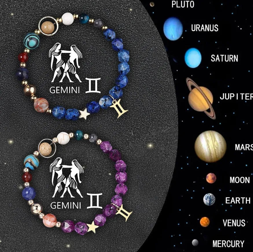 Set of twelve natural stone beaded bracelets, each representing a different zodiac sign with celestial charms.