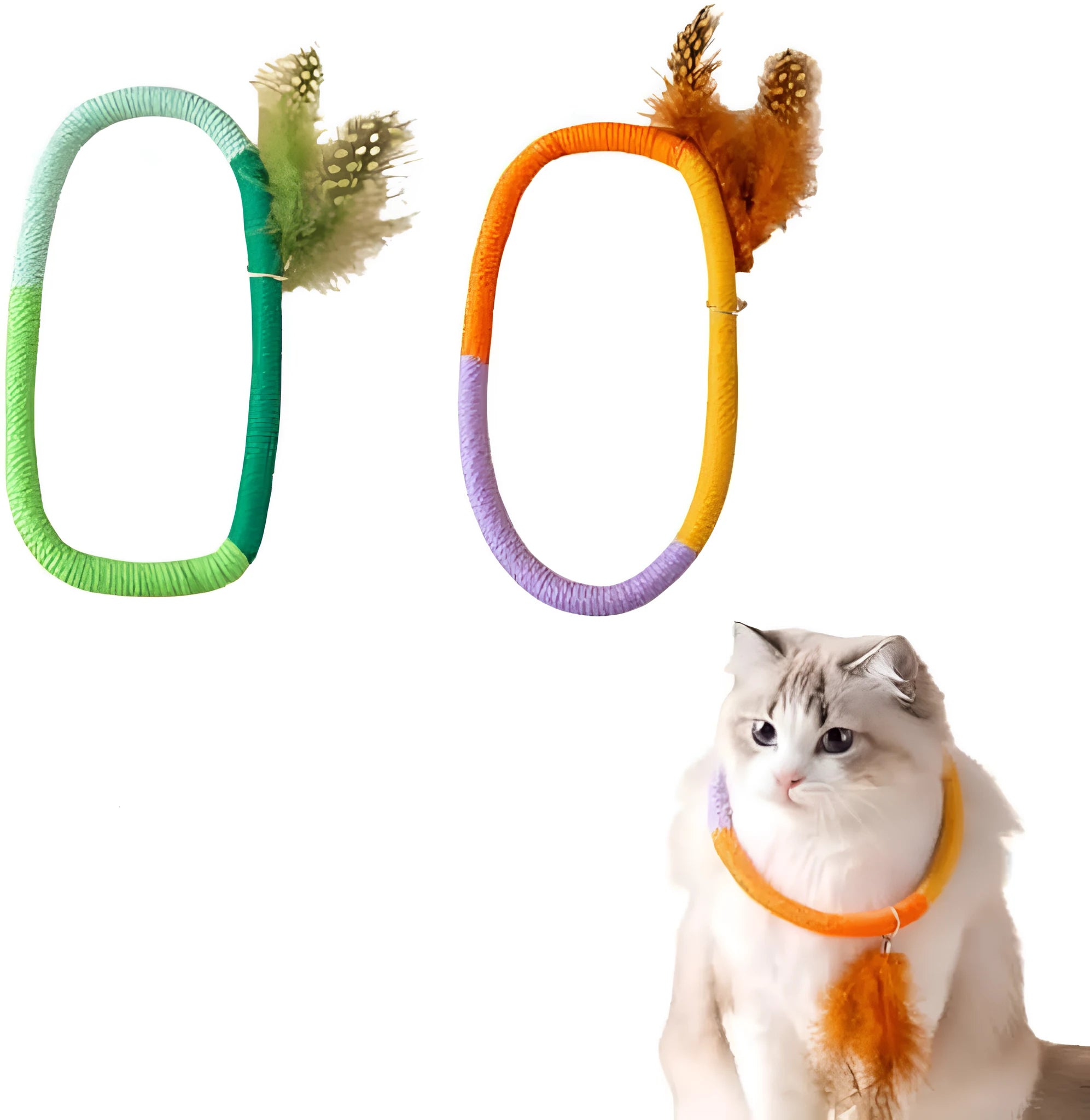 Green cotton rope circular cat toy with feathers and catnip for safe chewing