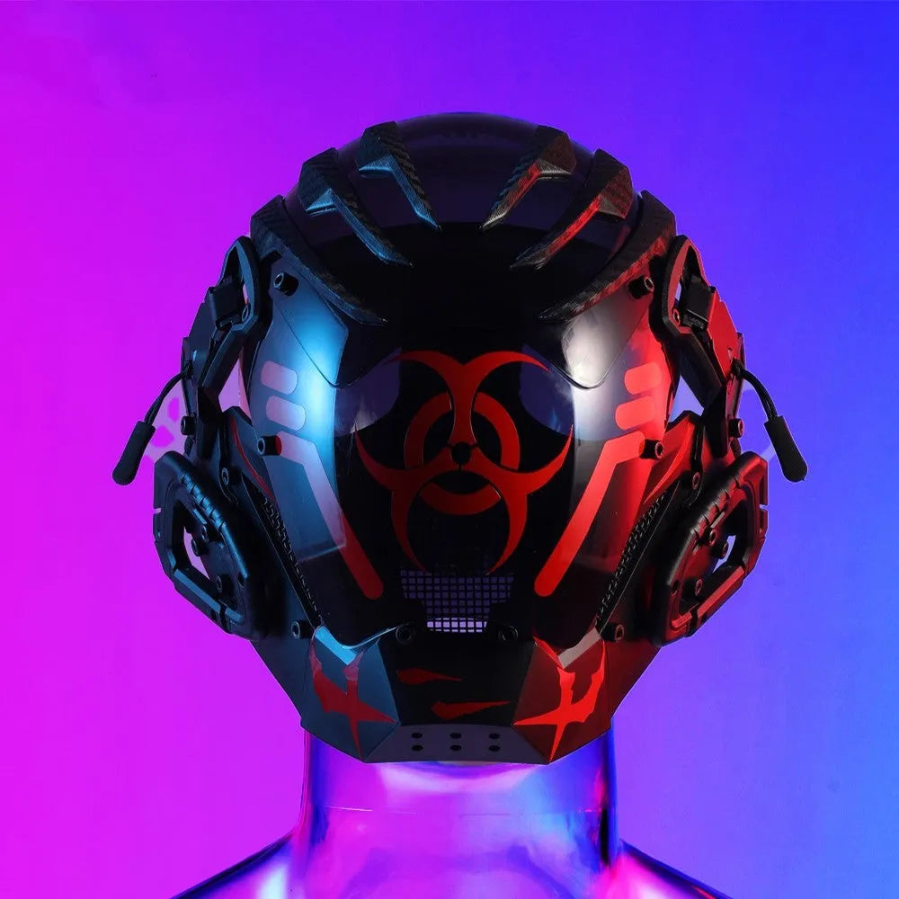 Black full face prop mask helmet for cyberpunk cosplay and themed parties.