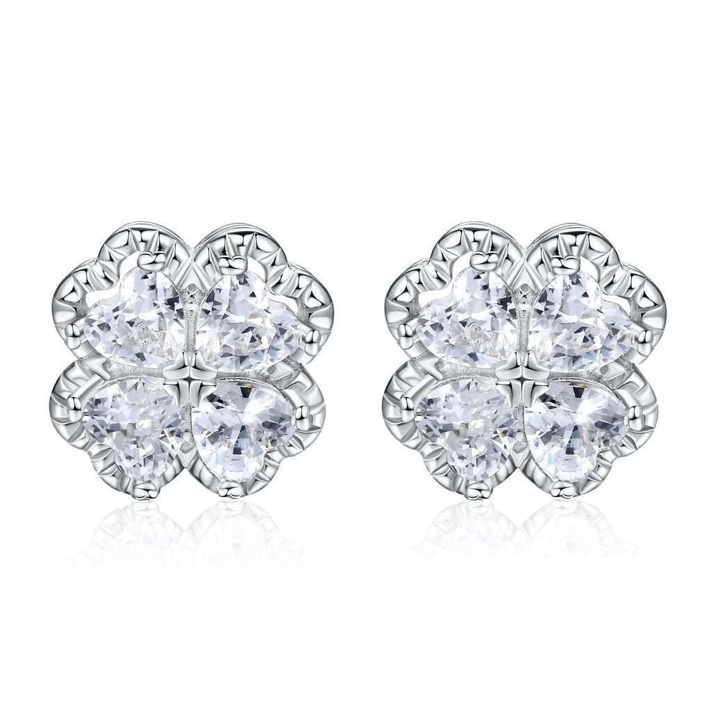 Zeng Yin 925 silver heart-shaped earrings with four-leaf clover design and zircon accents
