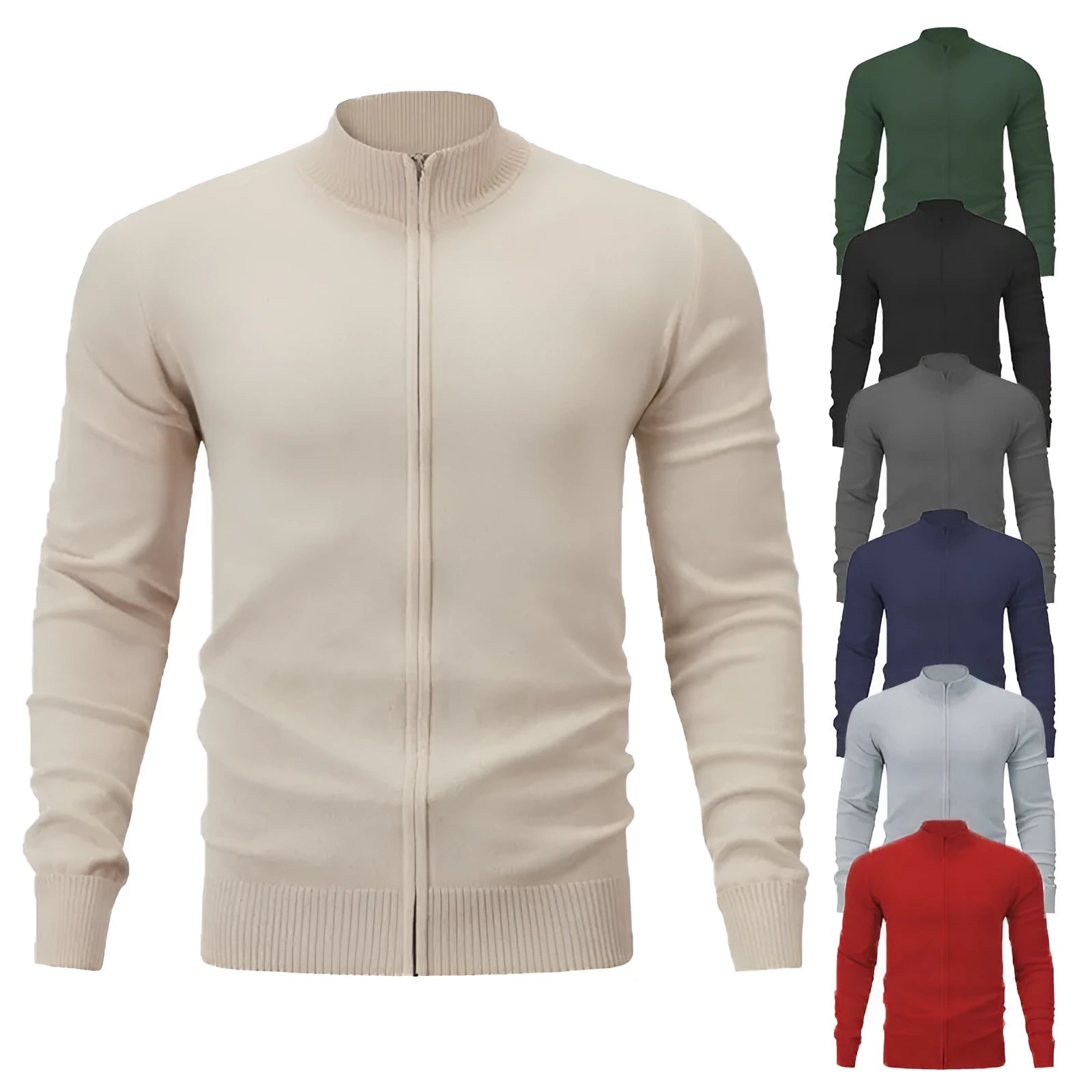 Man wearing a stand collar zip-front casual sweater in a solid colour, showing loose fit and front zipper detail.