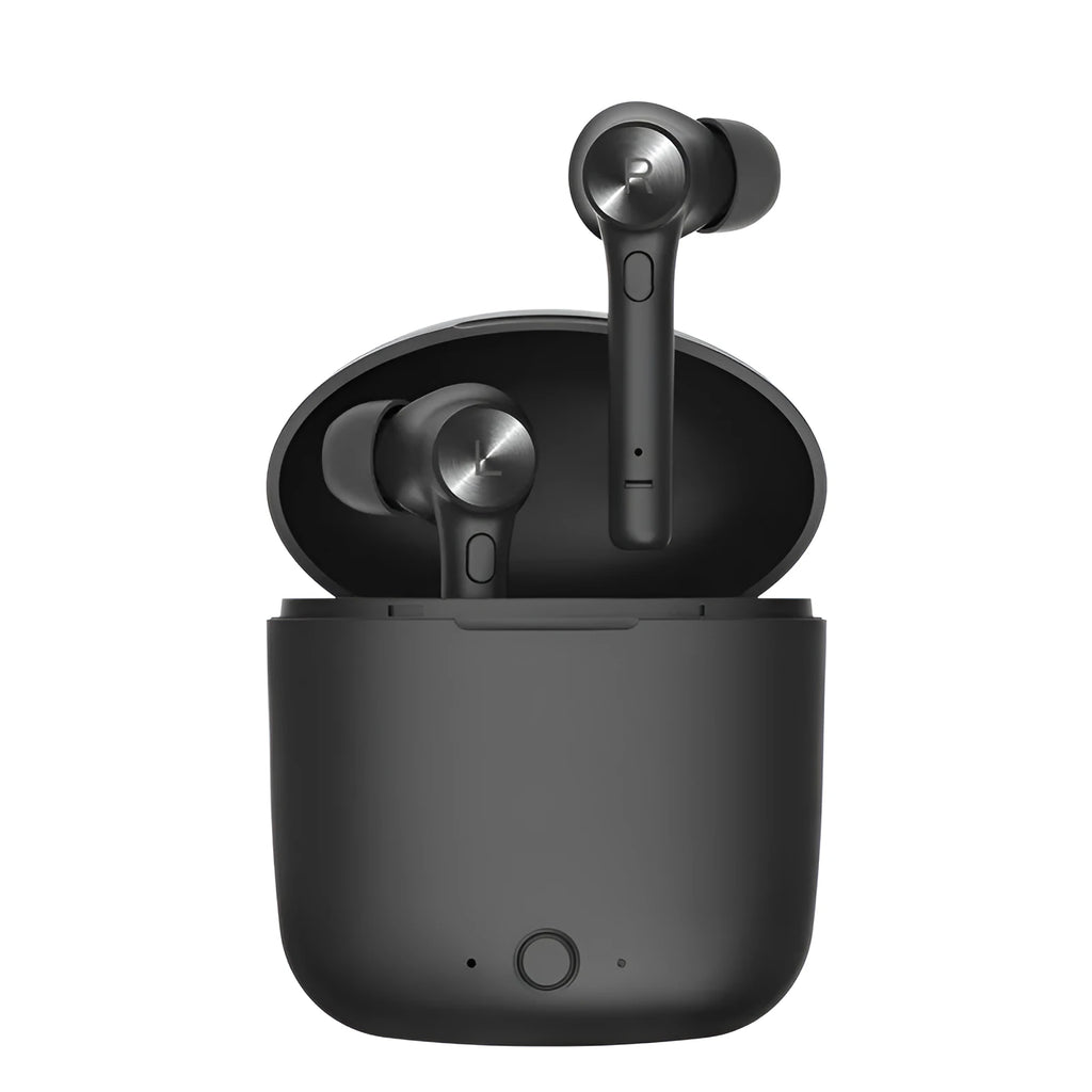 TWS Bluetooth headset in black charging case and earbuds, compact 60 x 67.5mm design with 1000-hour standby