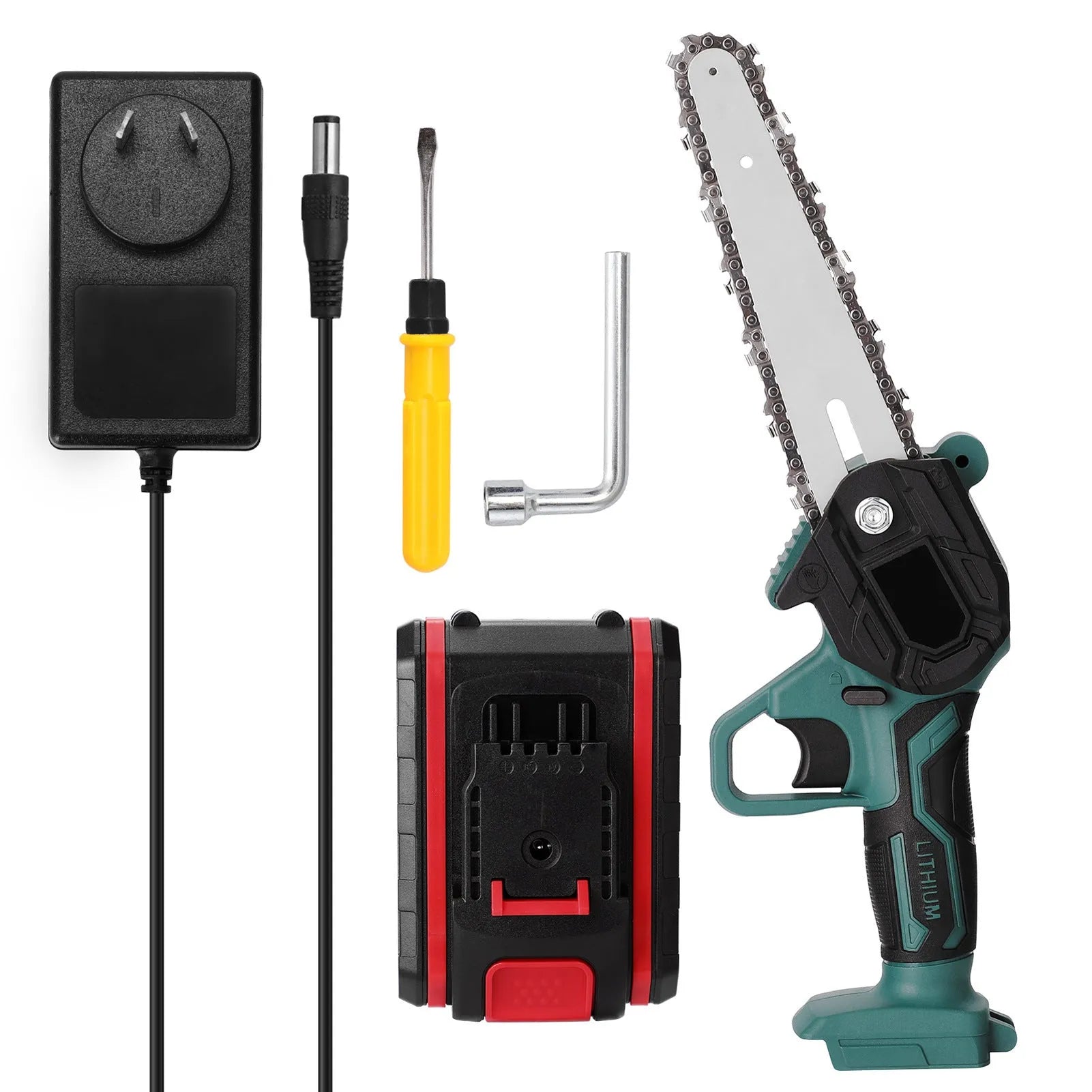 Black cordless mini electric chainsaw with 4-inch bar held in one hand for garden use.