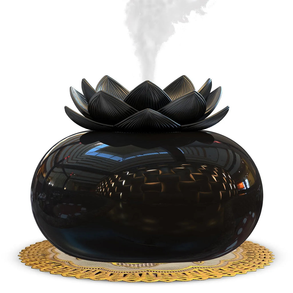 Pure black USB-powered ultrasonic aromatherapy humidifier with ceramic lotus design