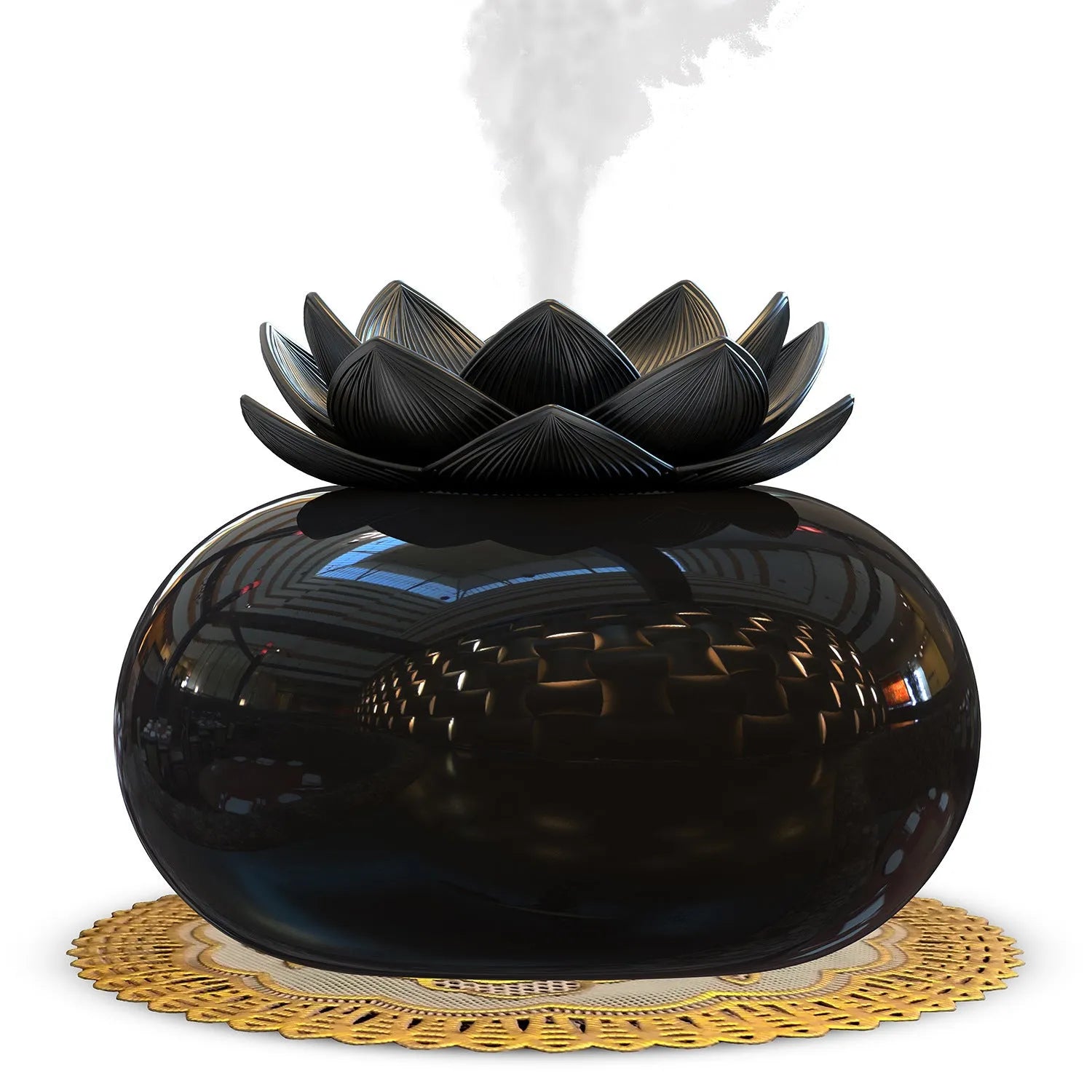 Pure black USB-powered ultrasonic aromatherapy humidifier with ceramic lotus design