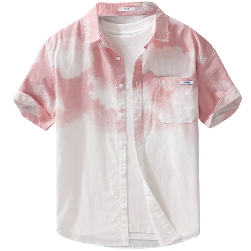 Men's light pink pure cotton short sleeve loose fit cardigan-style shirt