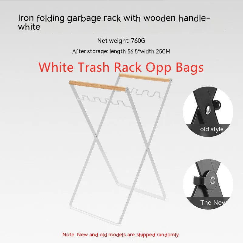 Black folding outdoor trash rack with a wooden handle, holding a rubbish sack.