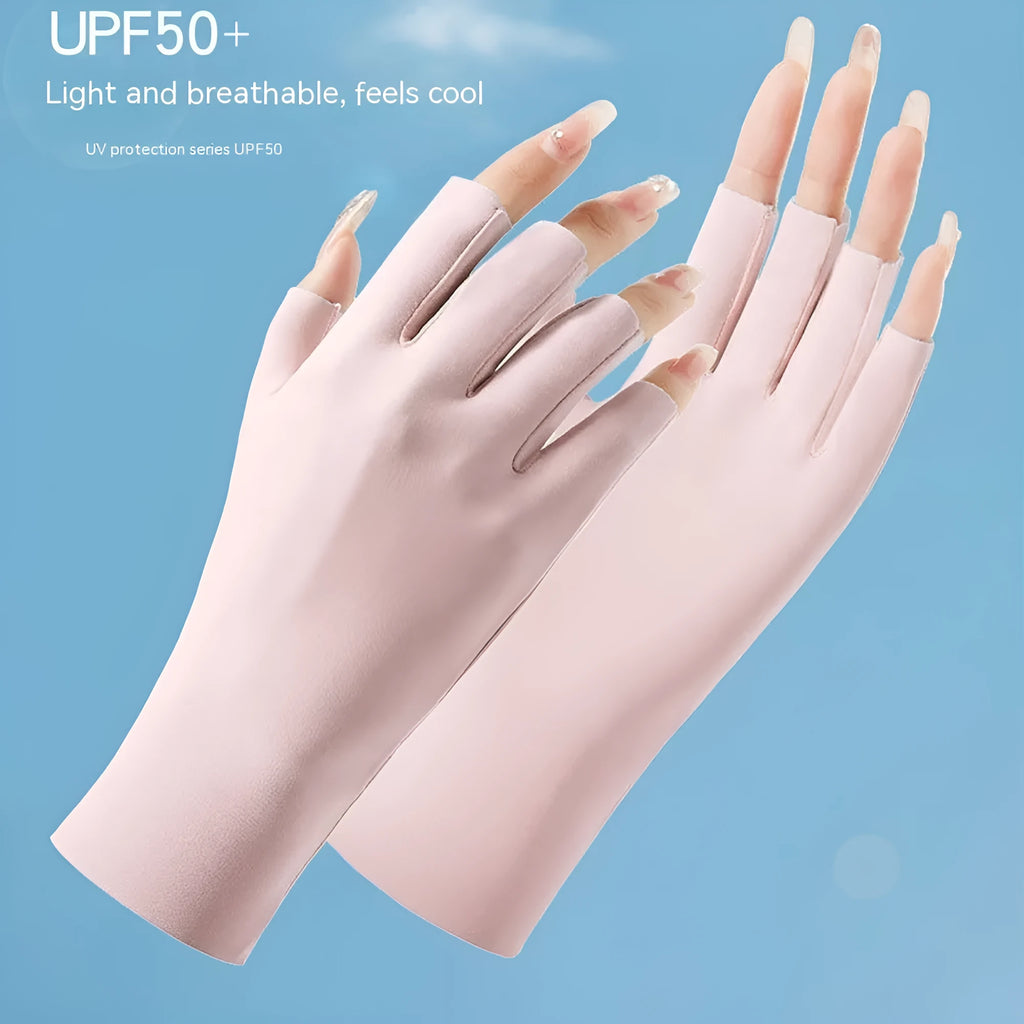 Women's thin ice silk sun gloves in various colours showing UPF50+ protection for driving and cycling.