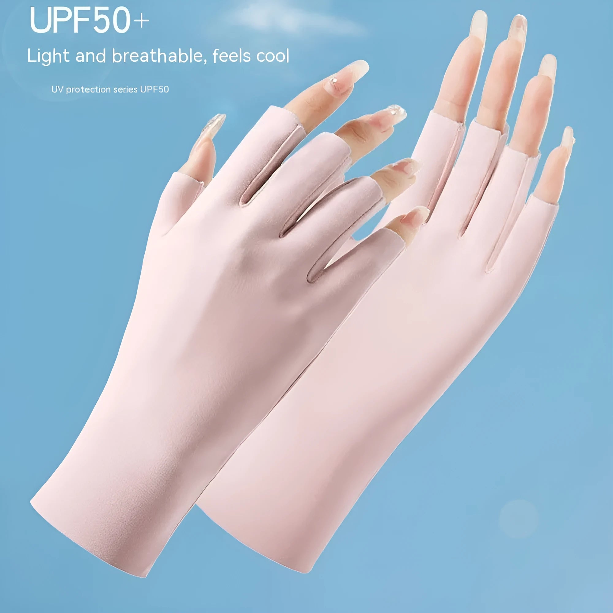 Women's thin ice silk sun gloves in various colours showing UPF50+ protection for driving and cycling.