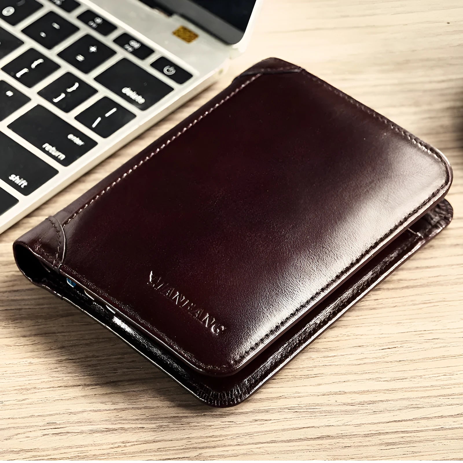 Men's leather wallet showing internal compartments including card slots, hidden pocket and photo position