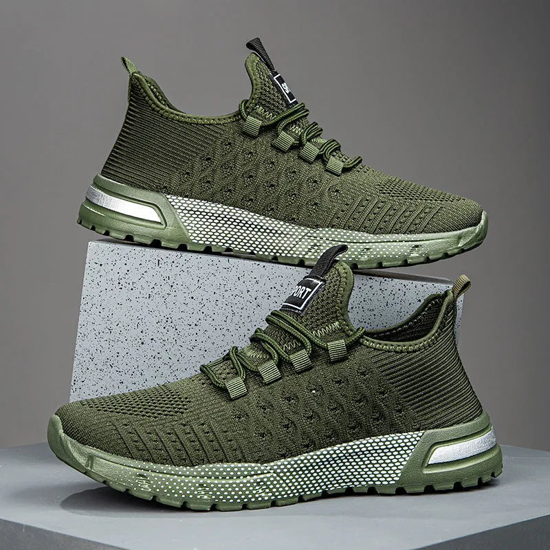 Men's solid colour casual mesh shoe in Army Green on a white background.