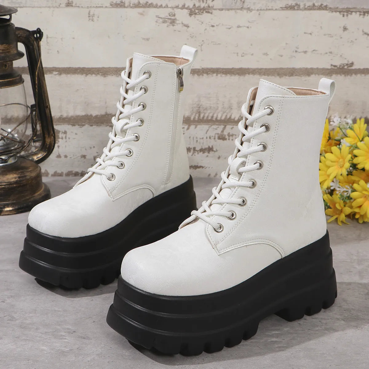 Women's black retro platform boots with chunky heel and side zipper
