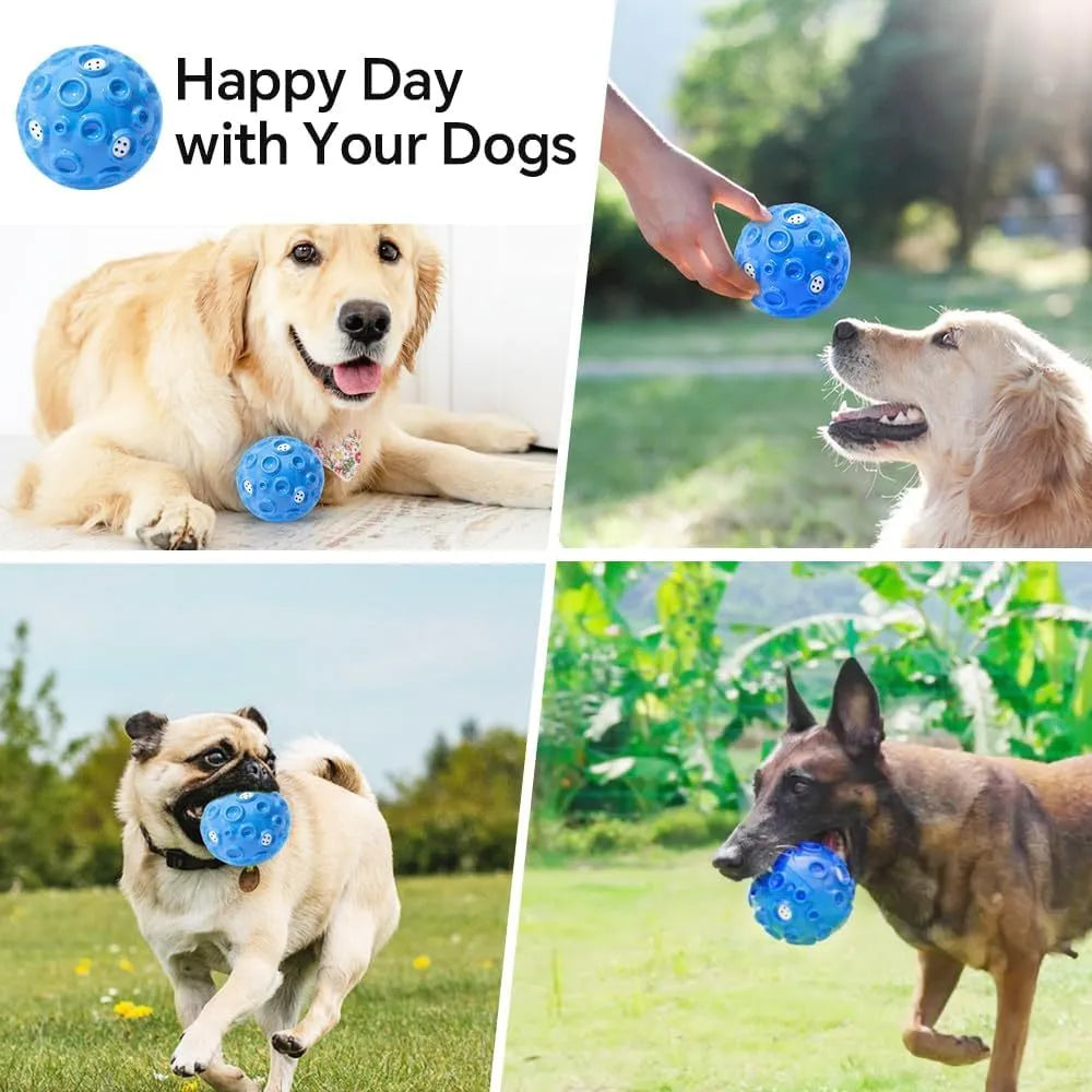 Durable natural rubber dog toy ball with meteorite-shaped bumps in multiple colour options