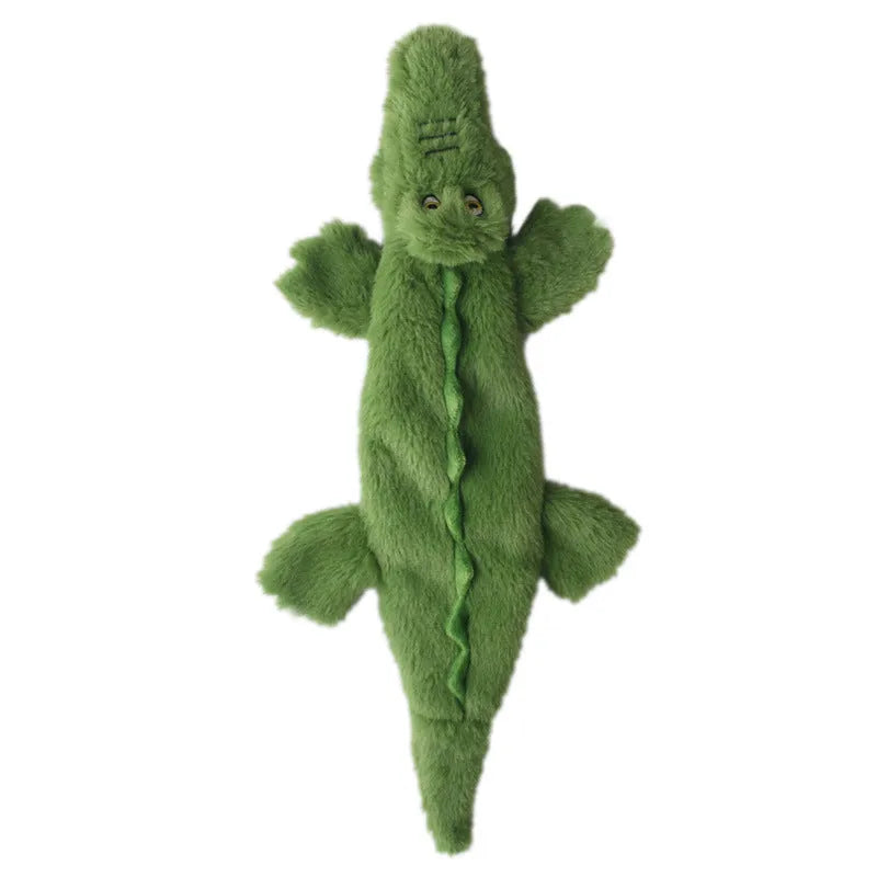 Green crocodile-shaped plush dog toy with no-stuffing construction for safe chewing