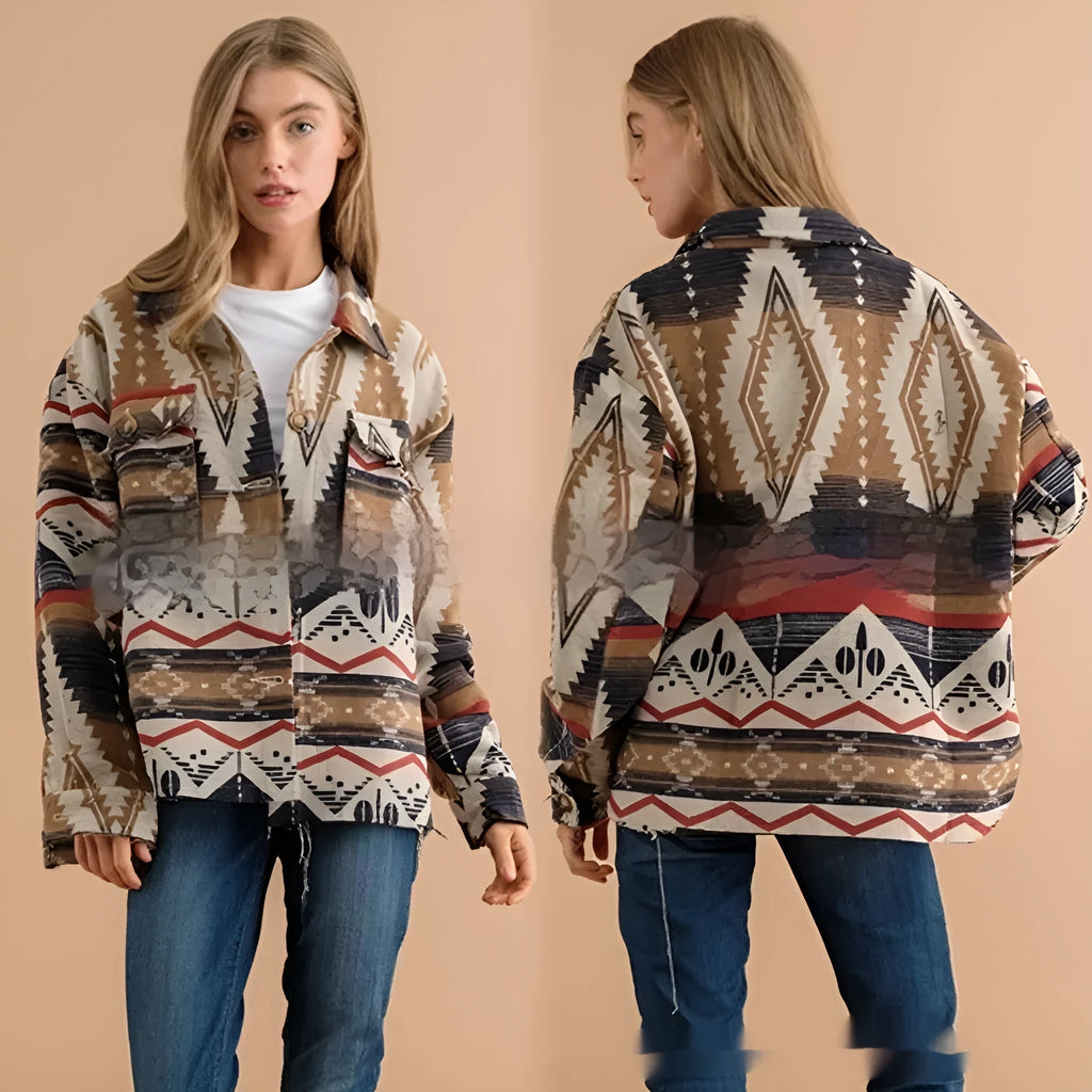 Women's retro style Aztec print woolen cotton coat in loose fit design