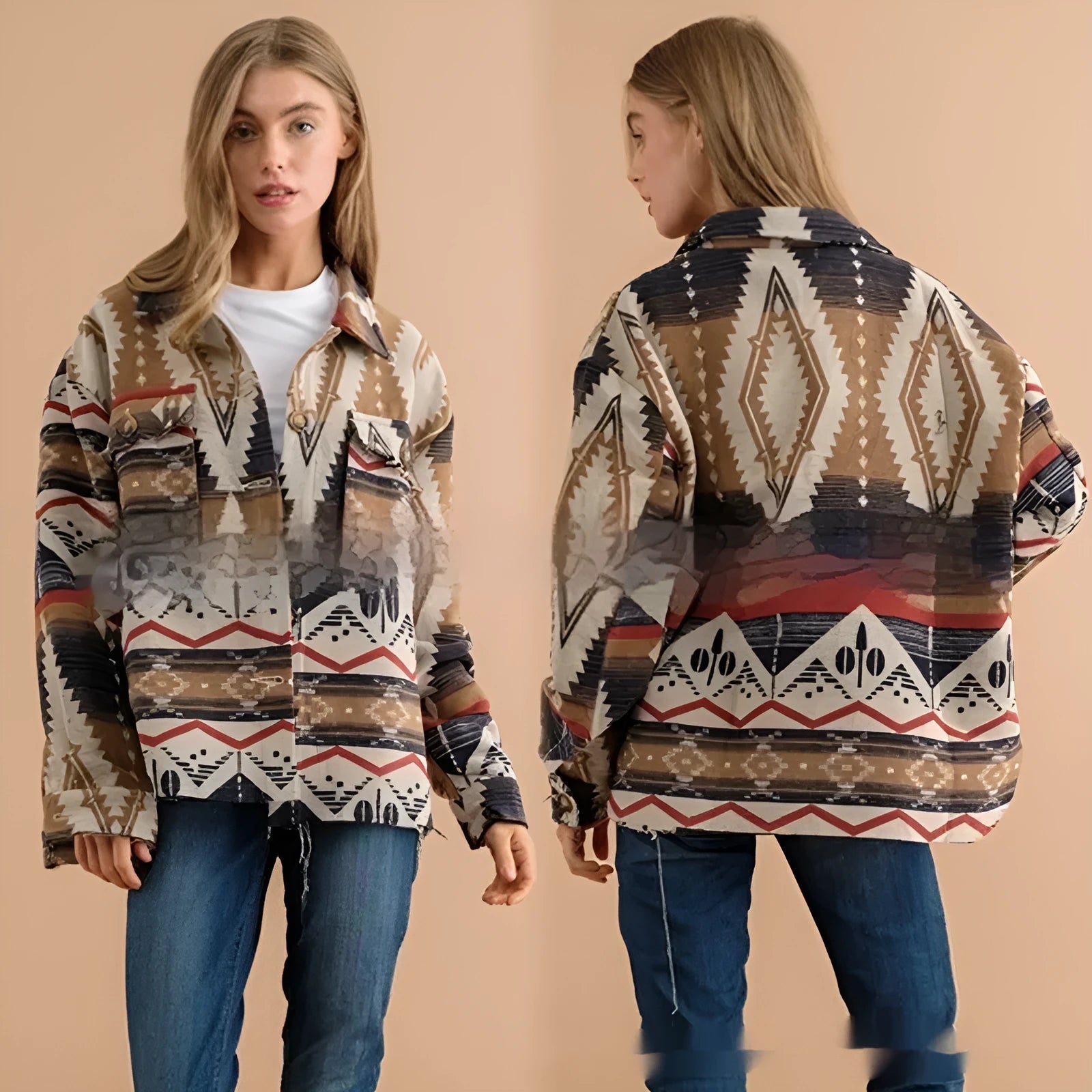 Women's retro style Aztec print woolen cotton coat in loose fit design