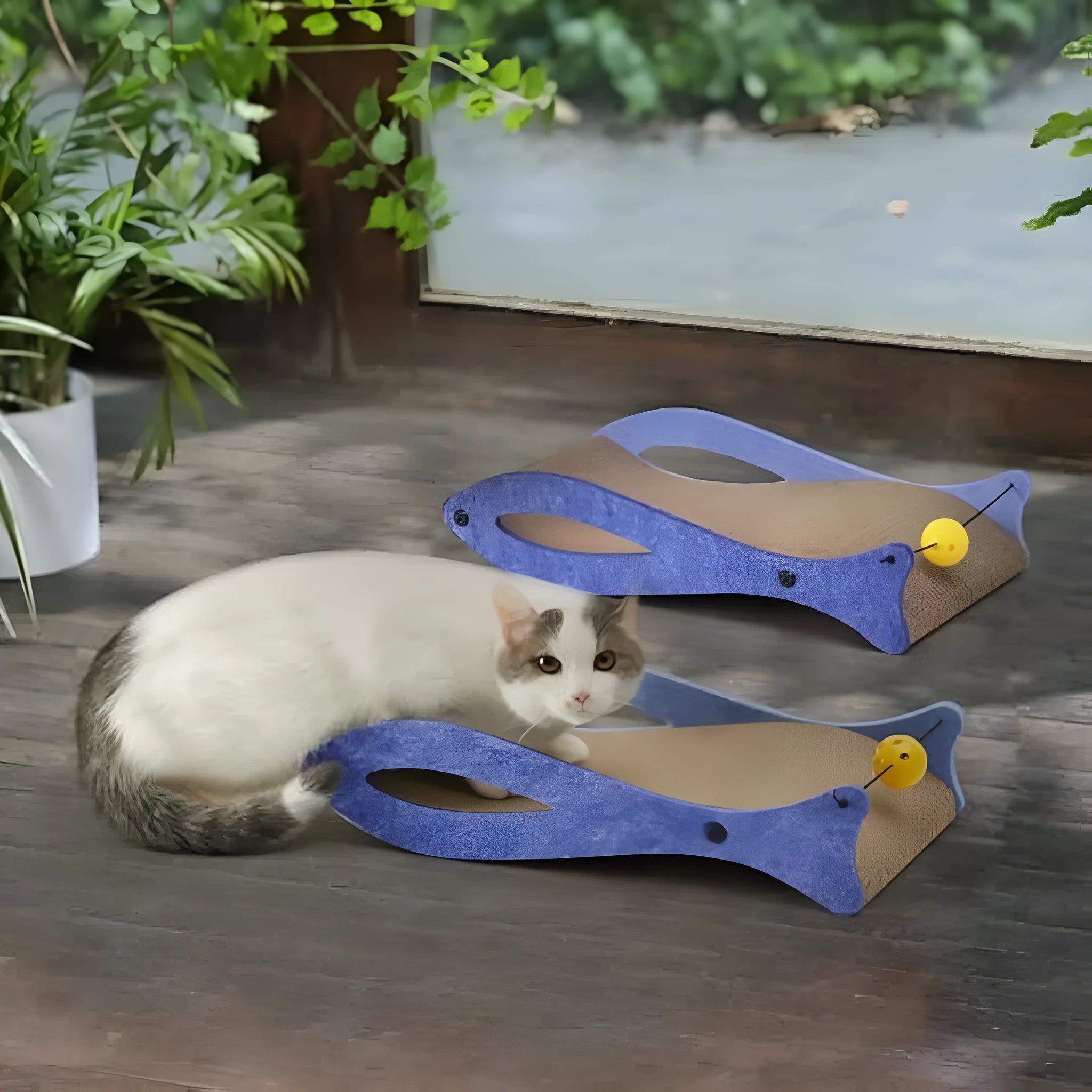 Blue fish-shaped cardboard cat scratcher lounge with a hanging bell toy for indoor cats