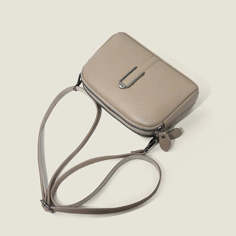 Top-grain leather crossbody bag in khaki with horizontal square shape and inner pockets
