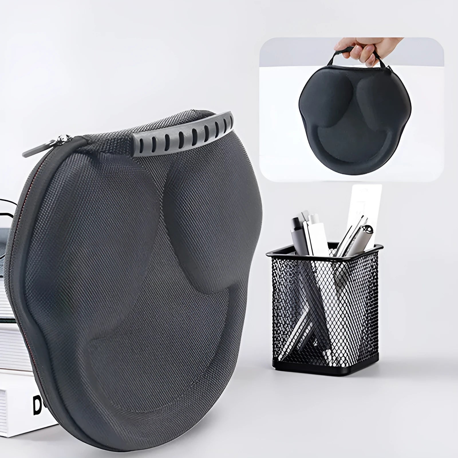 Black shockproof headphone storage bag made from EVA and Oxford cloth measuring 22 by 21 by 5.5 centimetres