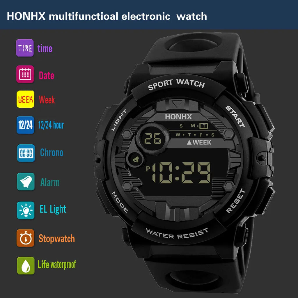 Digital electronic watch for boys and girls with LED display, round resin case, PU strap, black colour option