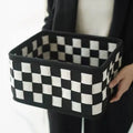 Checkerboard pattern woven felt folding storage basket showing dimensions 37x29x19.5cm