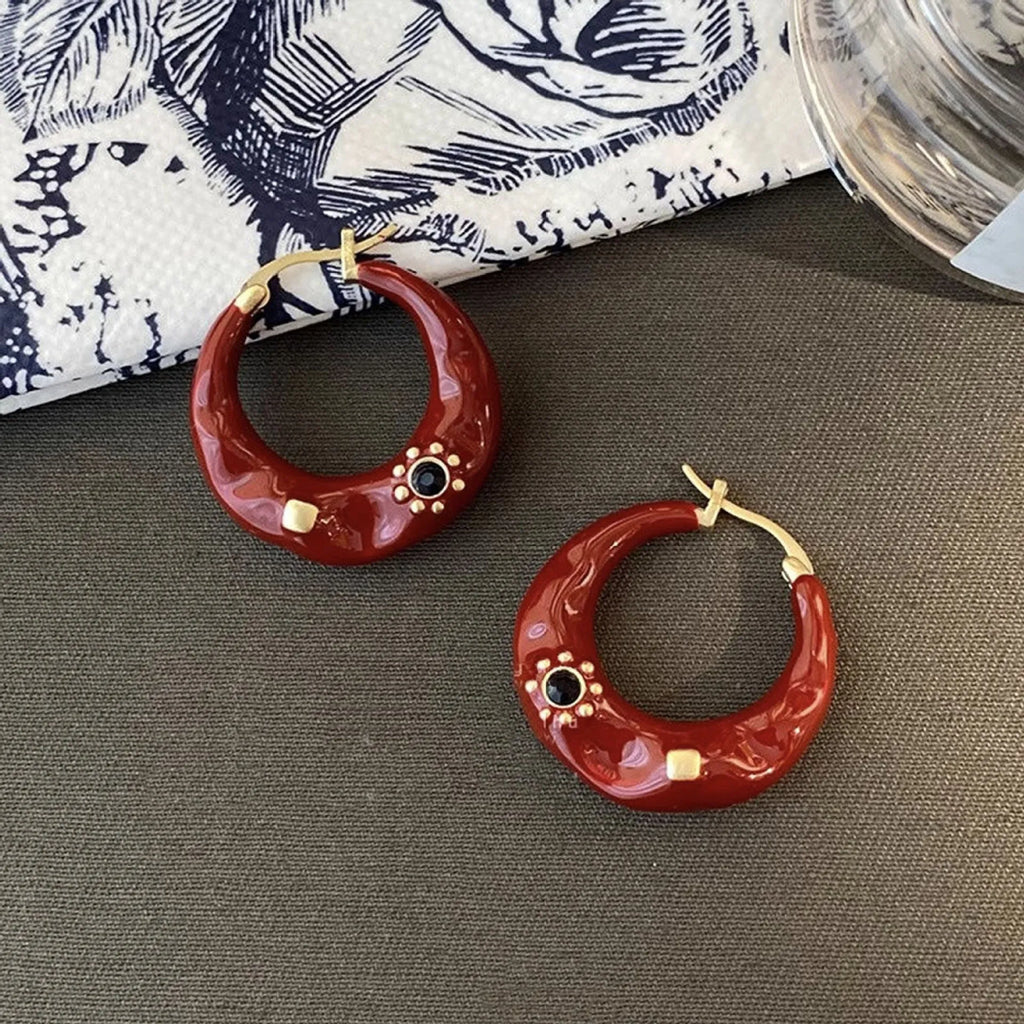 Hong Kong style retro alloy ear studs with rhinestone inlays and hand-dripped oil glossy finish