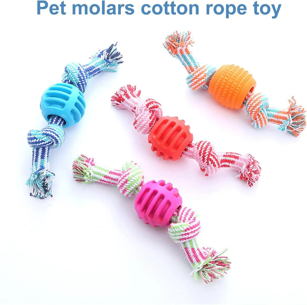 Blue molar-shaped dog chew toy with natural fibre ropes for dental cleaning