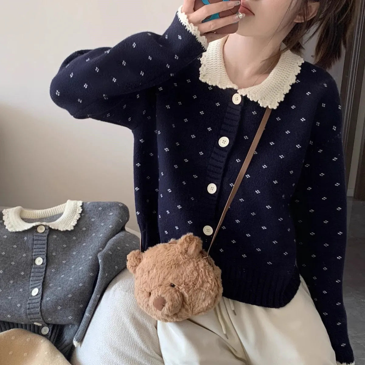 Retro Peter Pan collar floral pattern knitted cardigan coat in Japanese Korean casual style