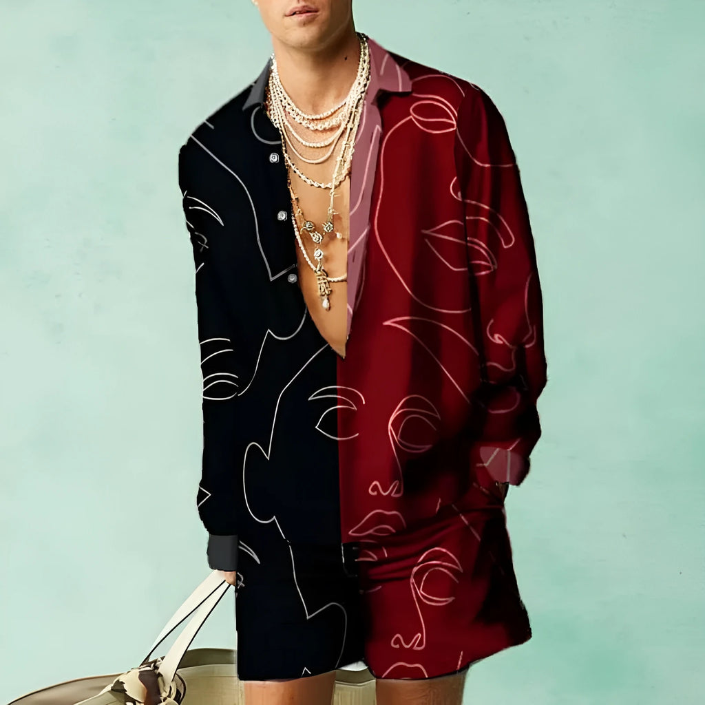 Mens casual summer outfit with long sleeve shirt and matching shorts in slim fit