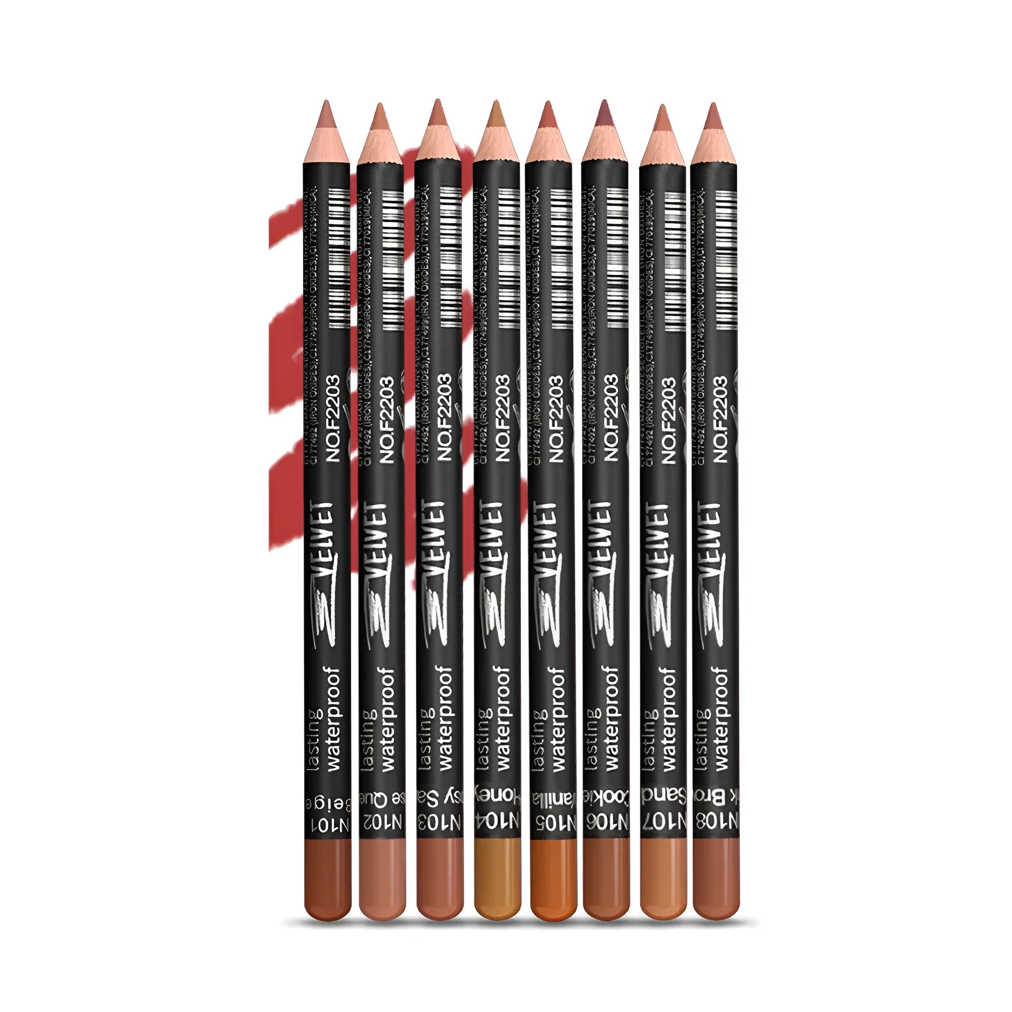 Wooden matte lip liner pencil in various shades showing 24 hour wear and waterproof claim