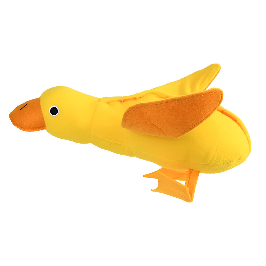 Yellow teddy dog toy with integrated duck doll, a pet training aid with sound and treat dispenser.