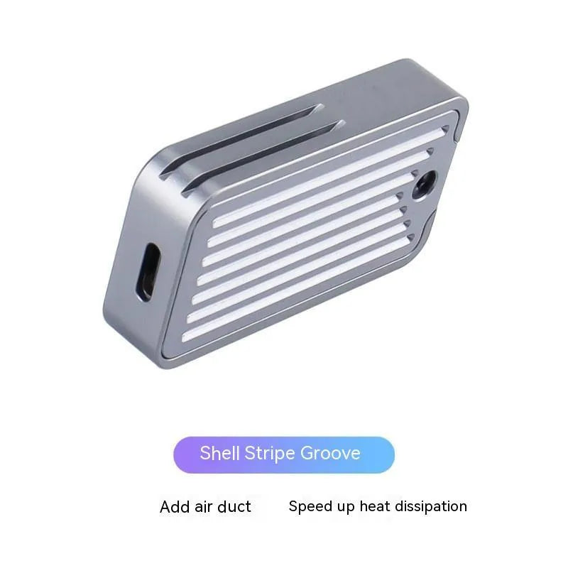 Aluminium M.2 SSD enclosure showing compact design with USB 3.2 connection port