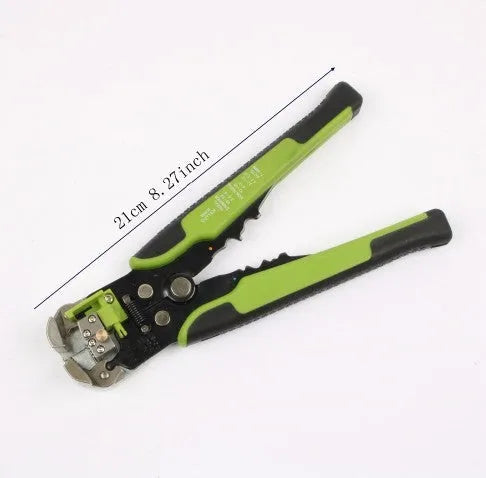 Yellow automatic wire stripper tool with crimping jaws and cutting blade