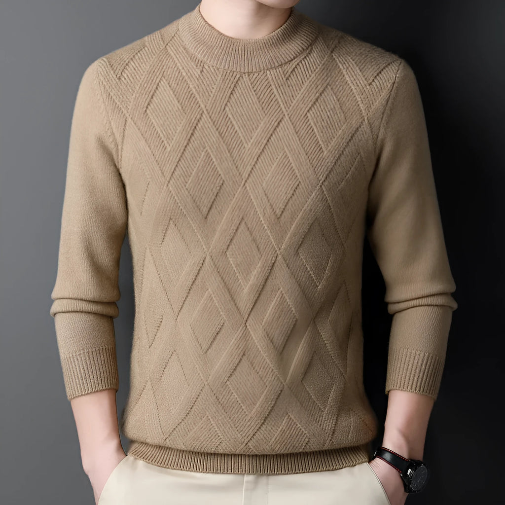 Men's diamond jacquard winter wool sweater in light camel colour, plus size thermal pullover
