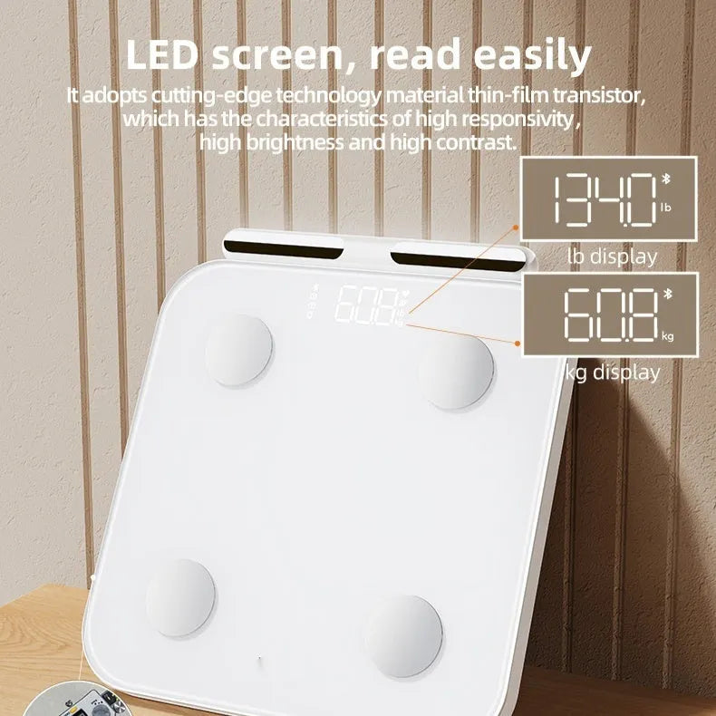 White professional smart body fat scale with eight electrodes and LED display.