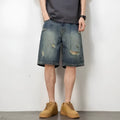 Blue men's denim shorts with a retro loose hole design and straight-leg cut.