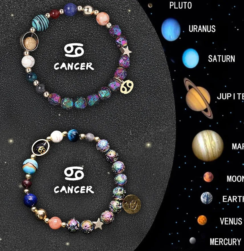 Two natural stone beaded bracelets with zodiac symbols on an adjustable cord.
