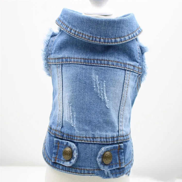 Denim dog vest with retro scratch pattern for small breed pet in dark wash colour